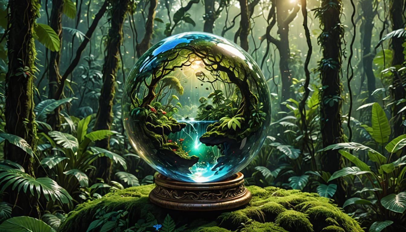 Earth in Crystal Ball: Holographic Rainforest Scene