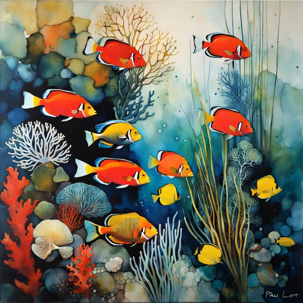 Vibrant Coral Reef Encaustic Painting