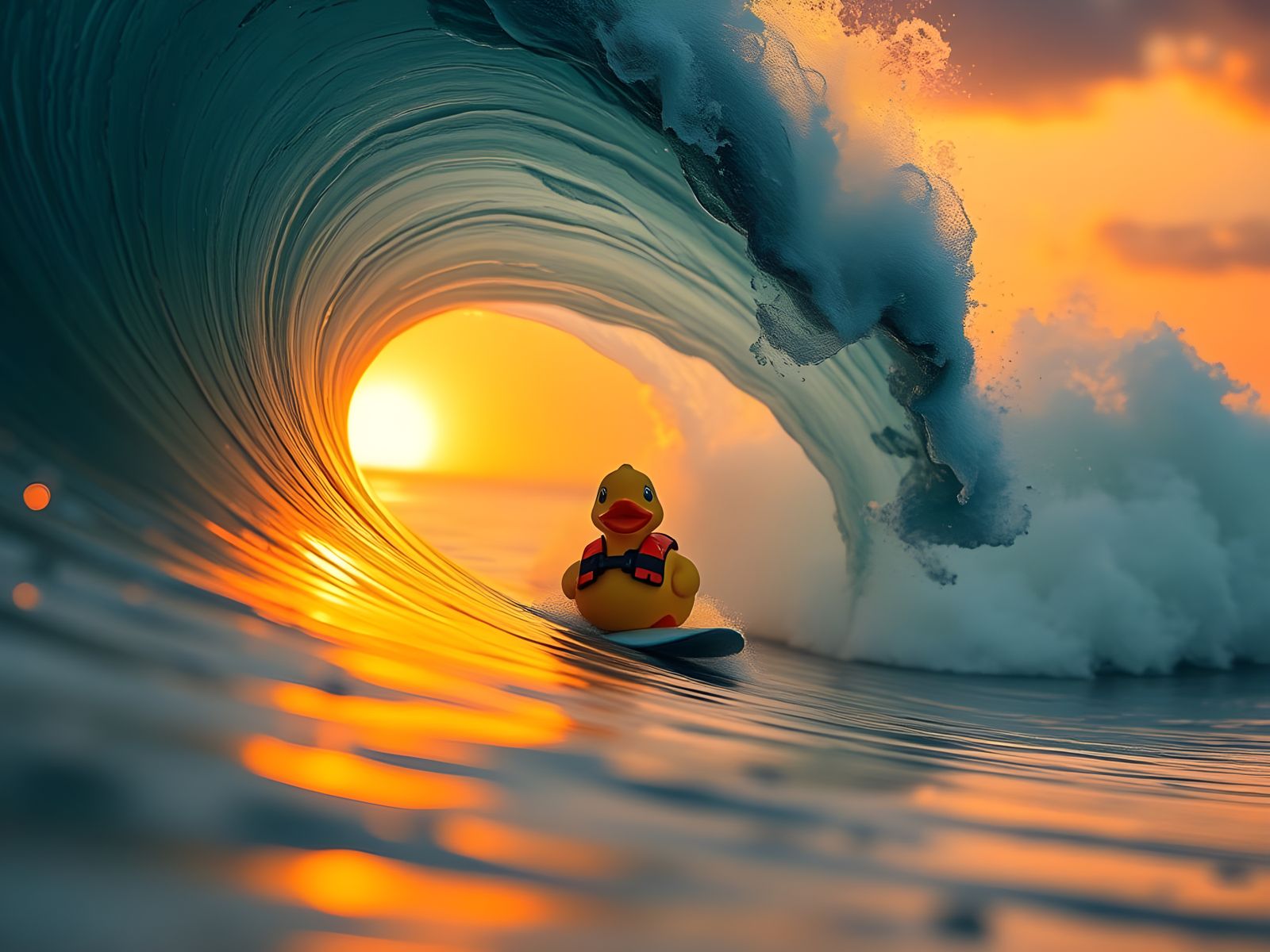 Surfer Ducky Riding Epic Waves in Sunset Glow
