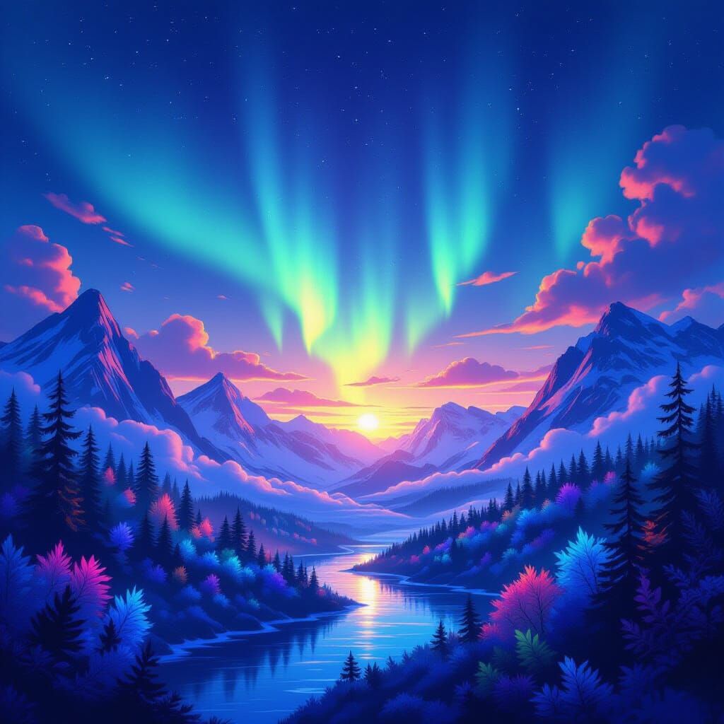 Neon Aurora Over Crystalline Mountains in Ghibli Style