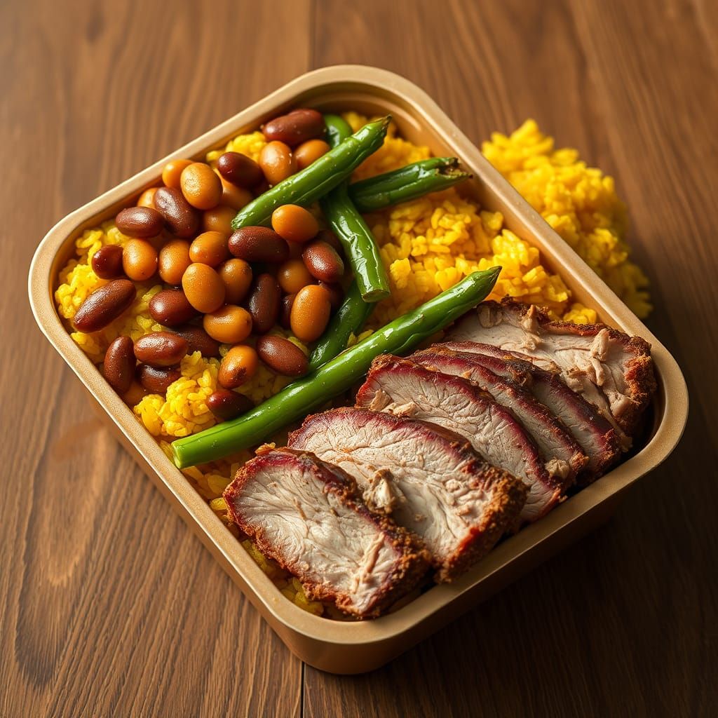Takeout Container with Pork, Rice, and Beans