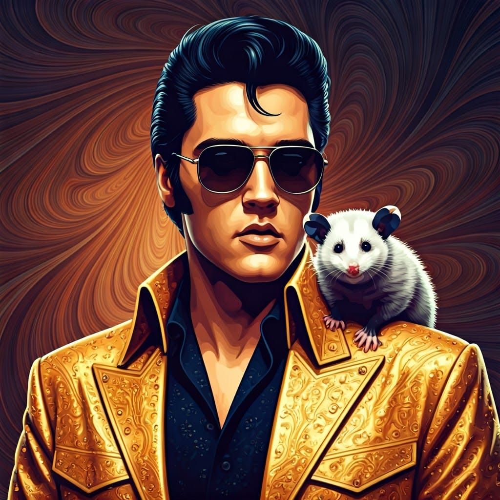 Elvis Presley Surrounded by Glowing Opossum in Psychedelic F...