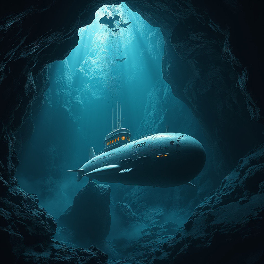 Ghost Submarine Sails Haunted Cave: Digital Matte Painting