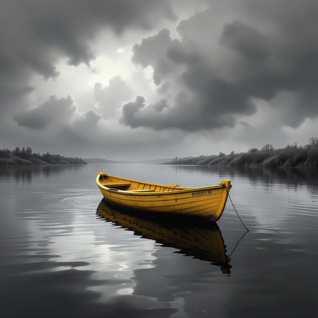 Eerie Yellow Boat on Black River in Futuristic Style