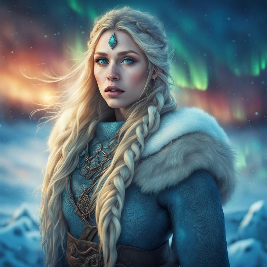 Viking Woman in Northern Lights, Hyperrealistic Art