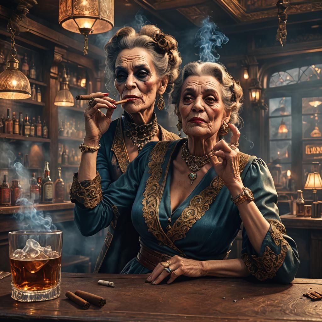 An extremely ugly woman smokes a cigar in the bar