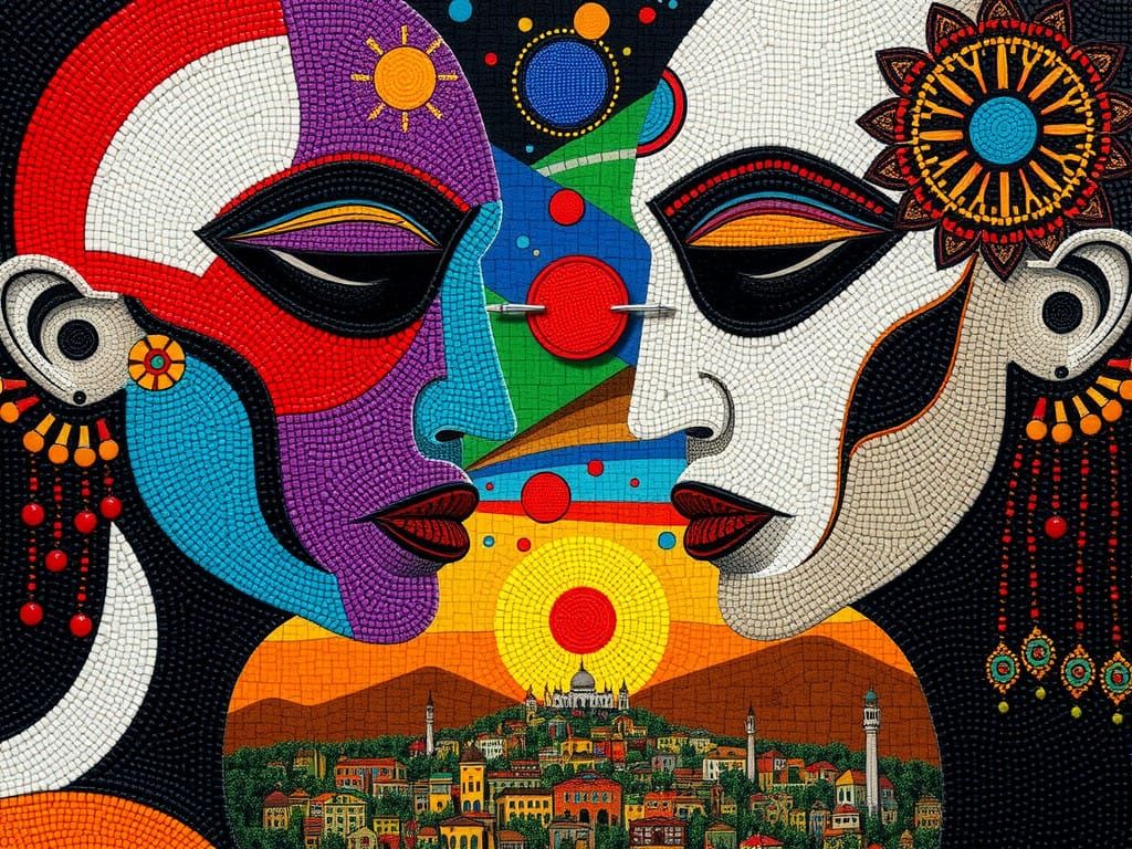 Surreal Faces Blending Huichol Beads and Geometric Shapes