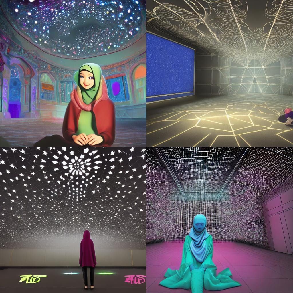Hijab Woman in Starry Room: 3D Digital Art
