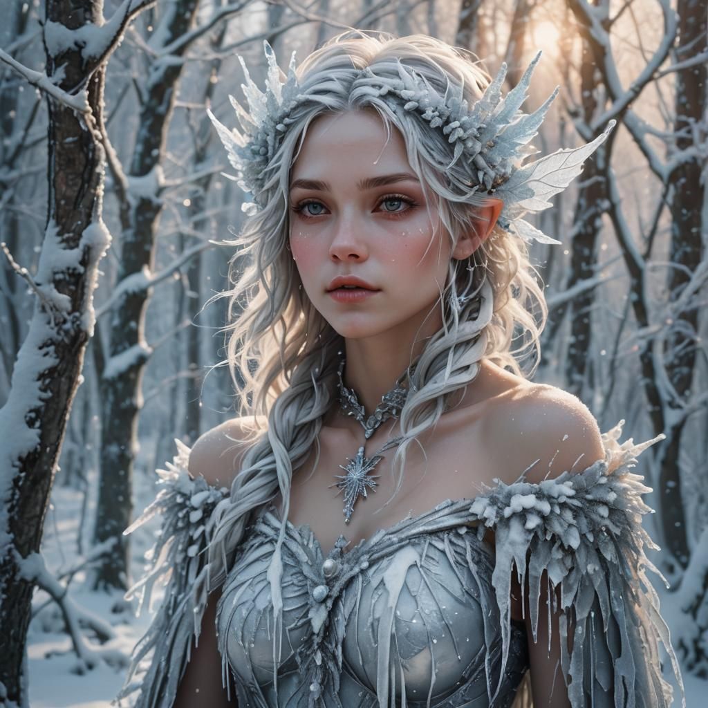 Icy Winter Fae in Frozen Forest: Digital Art