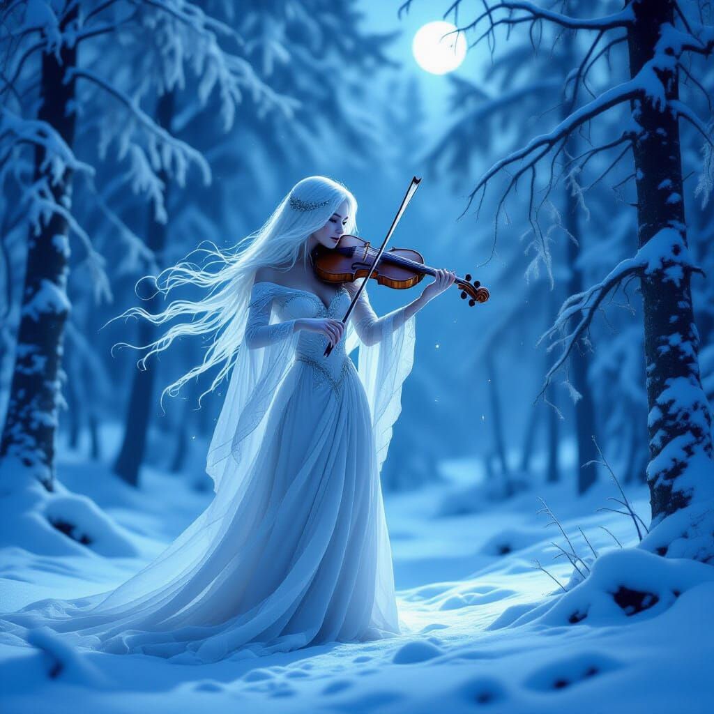 Ghostly Violinist in Moonlit Snowy Forest