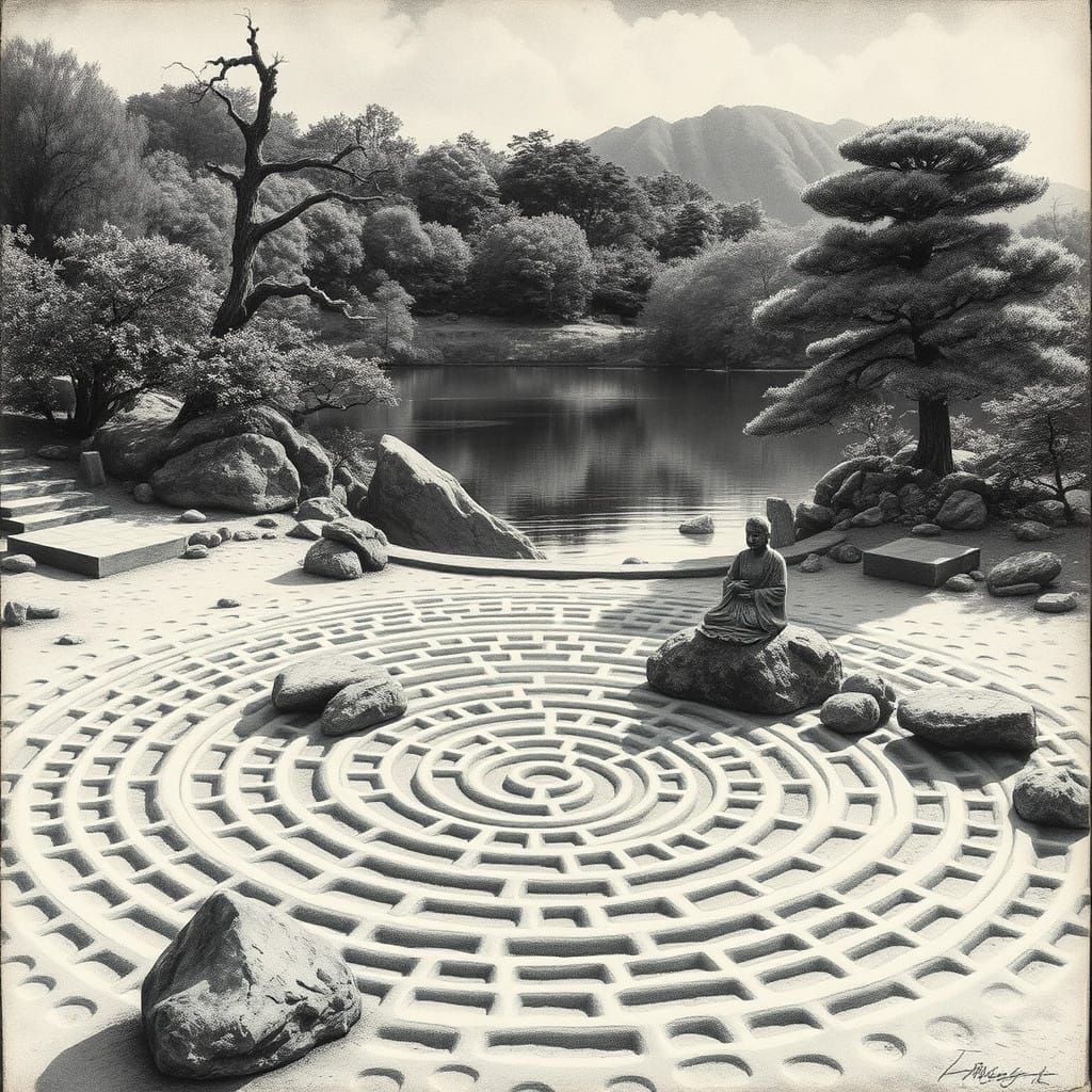 Serene Zen Oasis with Intricate Geometric Patterns