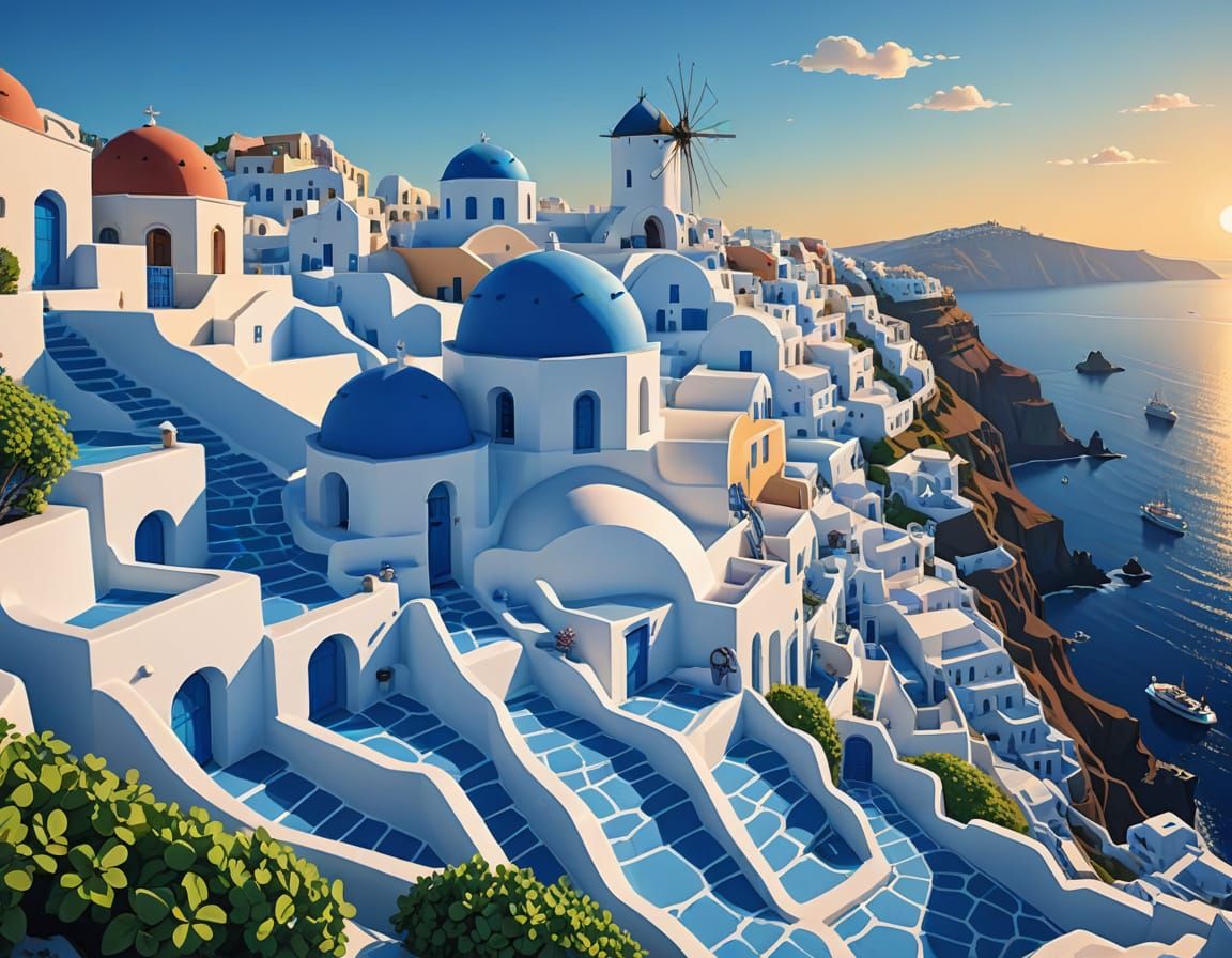 Cartoon Santorini, Greece in 2D Style