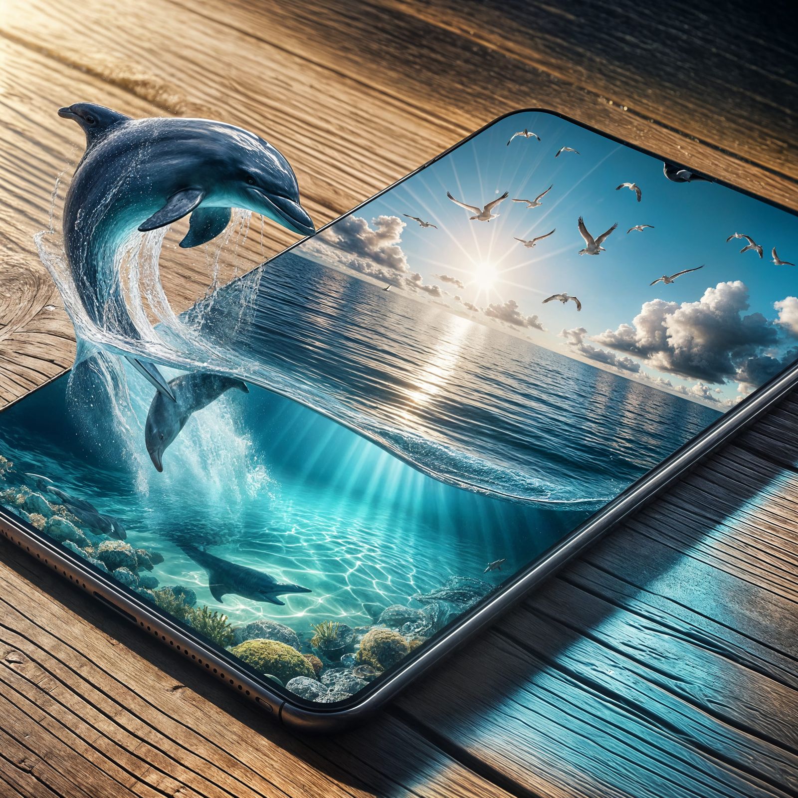 Dolphin Leaping from Smartphone Ocean