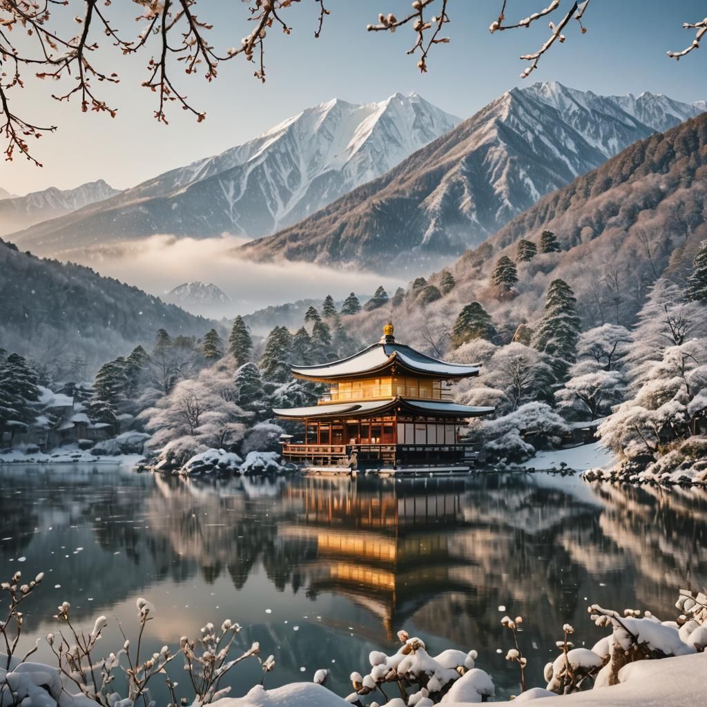 Japanese Temple in Winter Wonderland Photography