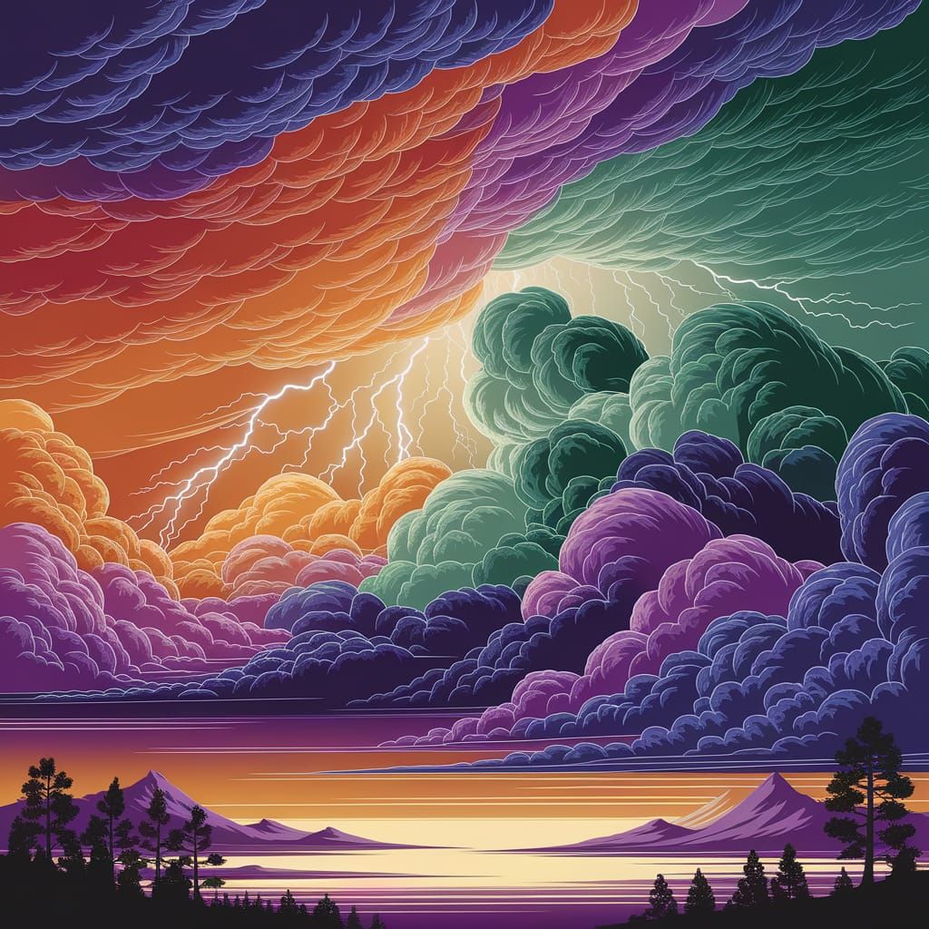 Surreal Ukiyo-E Stormscape with Triadic Colors