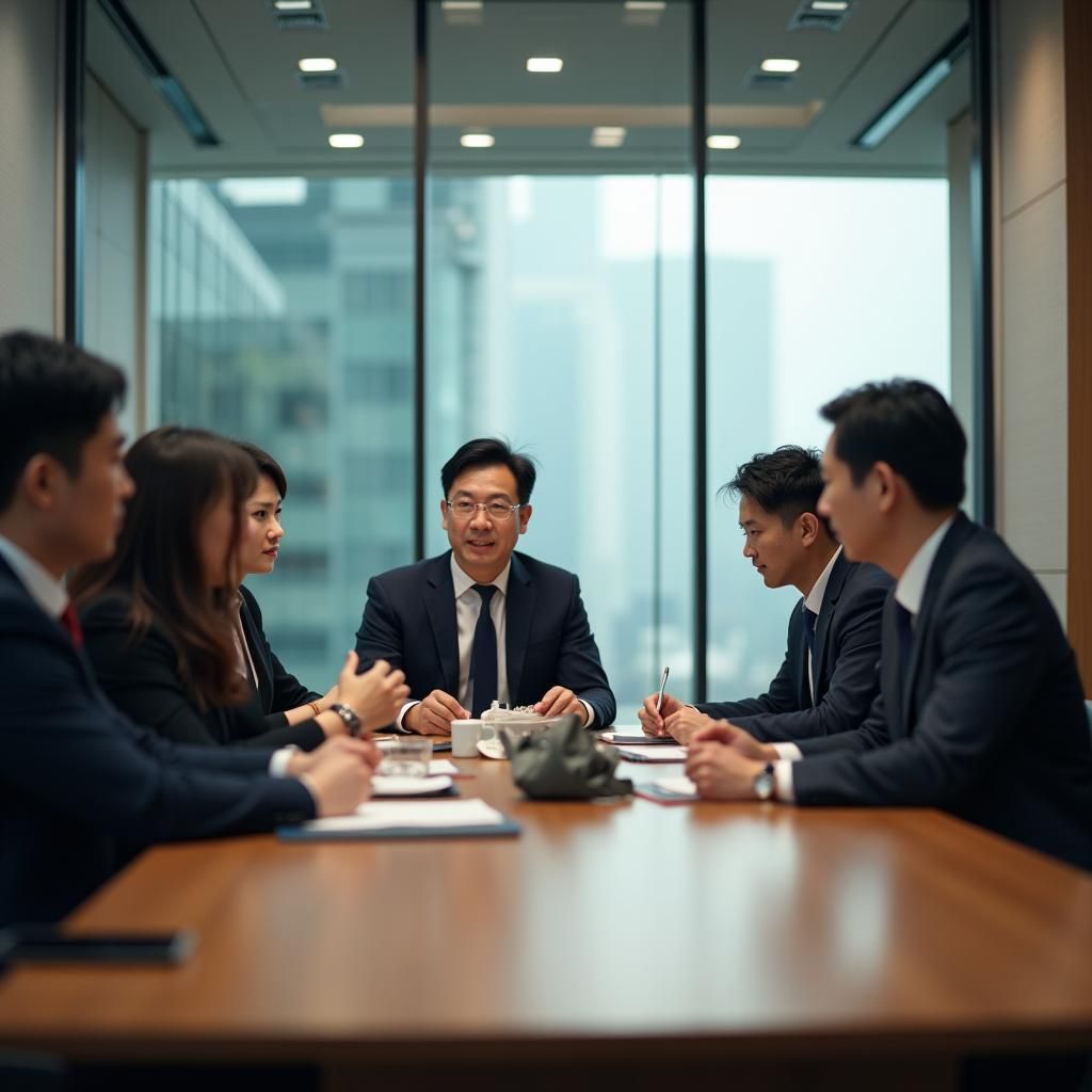 Chinese Employees Meeting in Modern Office Setting