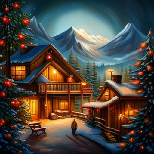 Cozy Winter Cabin Scene with Family and Wildlife