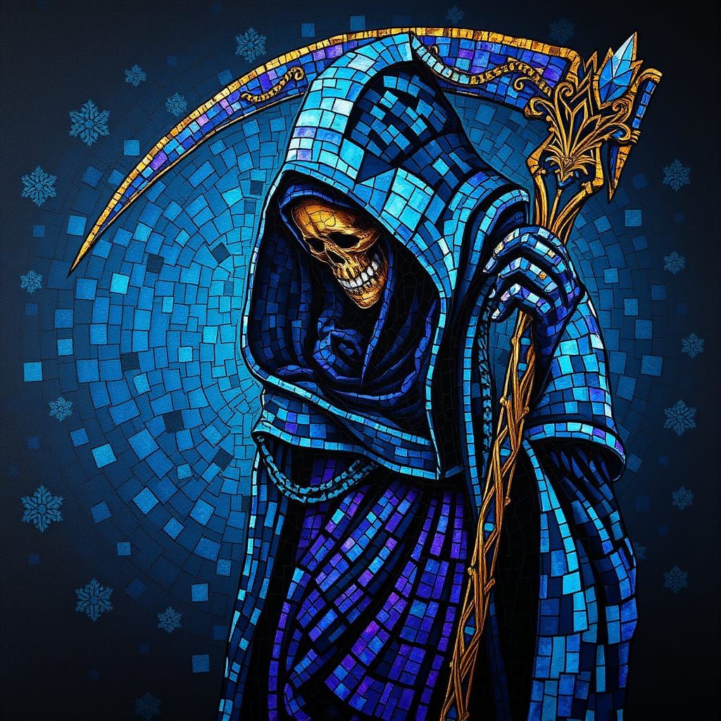 Majestic Mosaic Grim Reaper with Iridescent Blues and Purple...