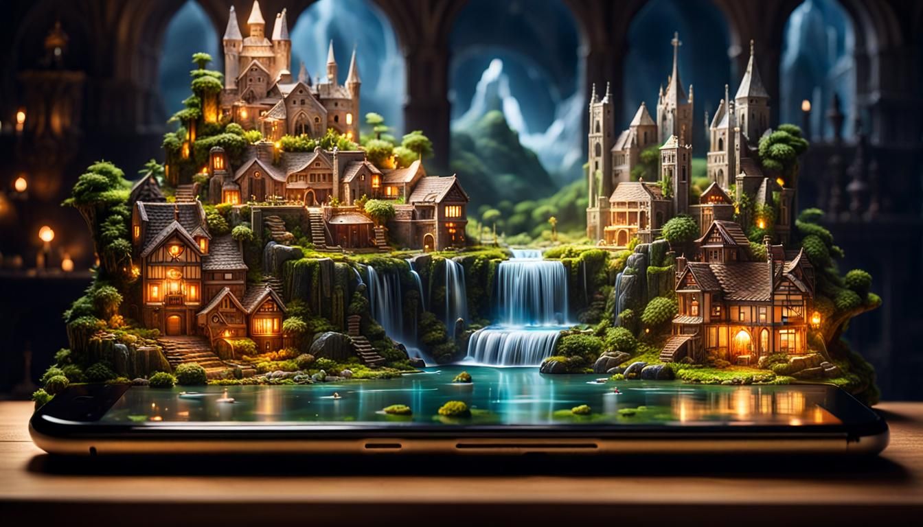 Medieval City Inside Smartphone: Detailed Miniature Landscap...