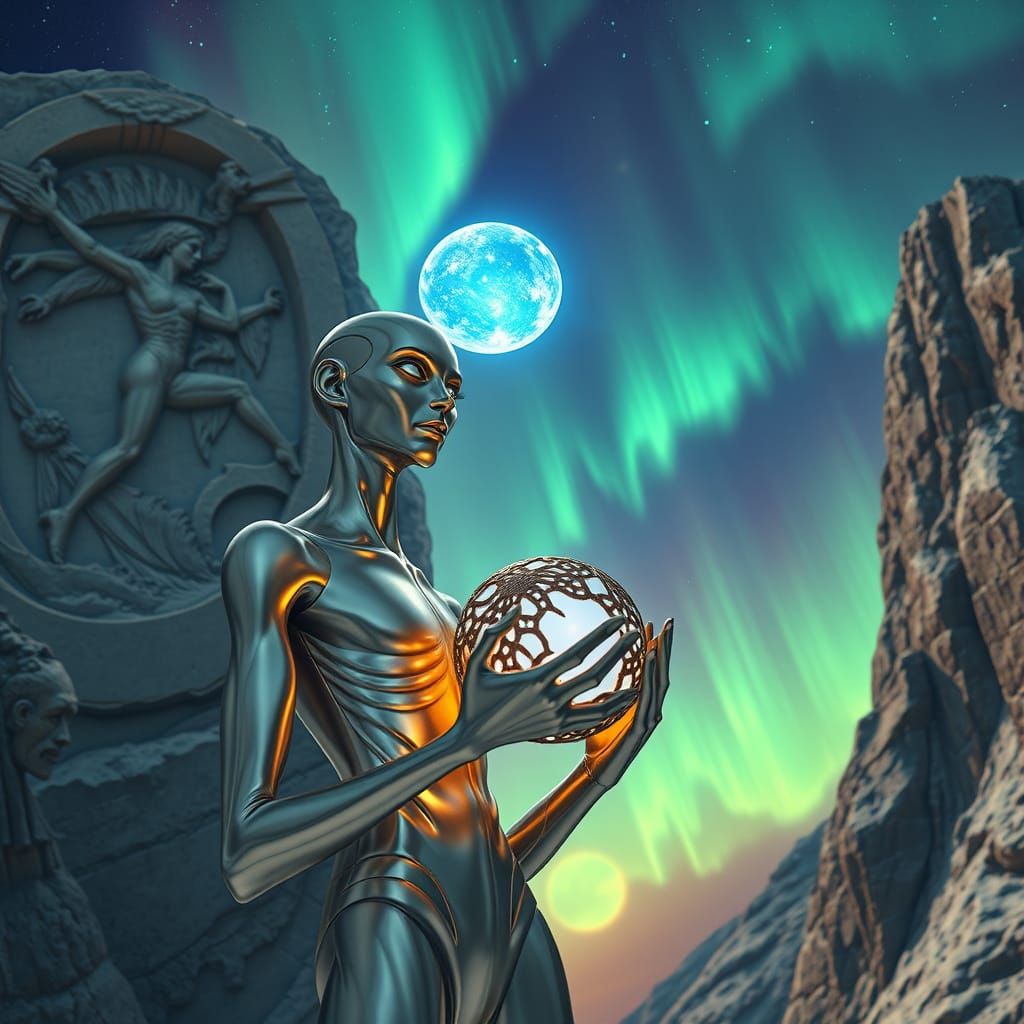 Ethereal Alien Humanoid Ryn Stands Amidst Celestial Marvels