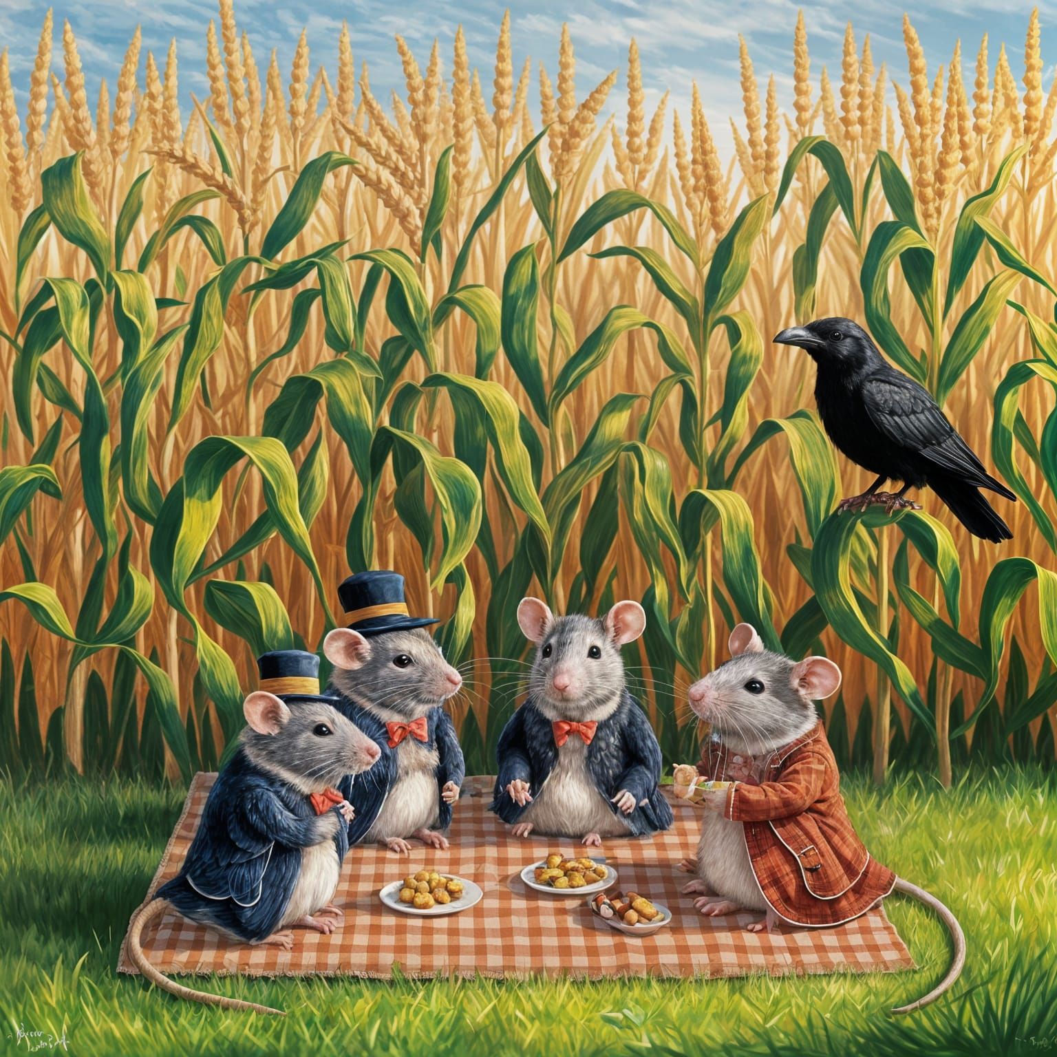 Victorian Rat Family Picnic in Cornfield, Old Master Style