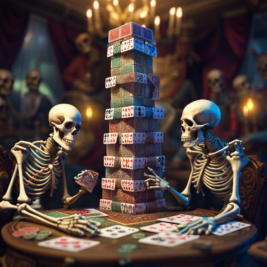 Skeletons Building Card Tower in Rococo Style