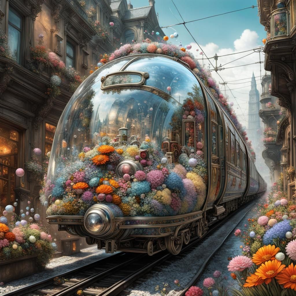 Floating Glass Train Filled with Flowers Fantasycore Art