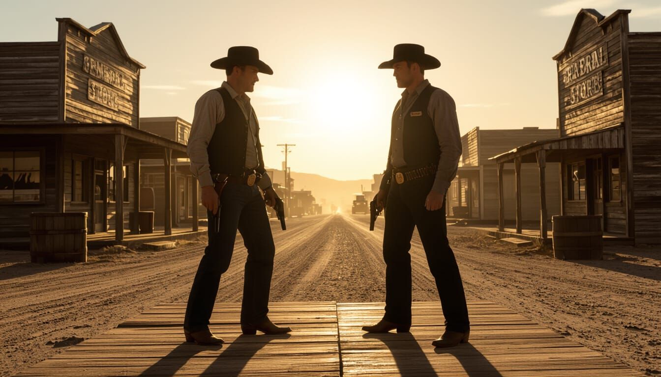 Western Standoff: Cowboy vs. Sheriff at Sunset