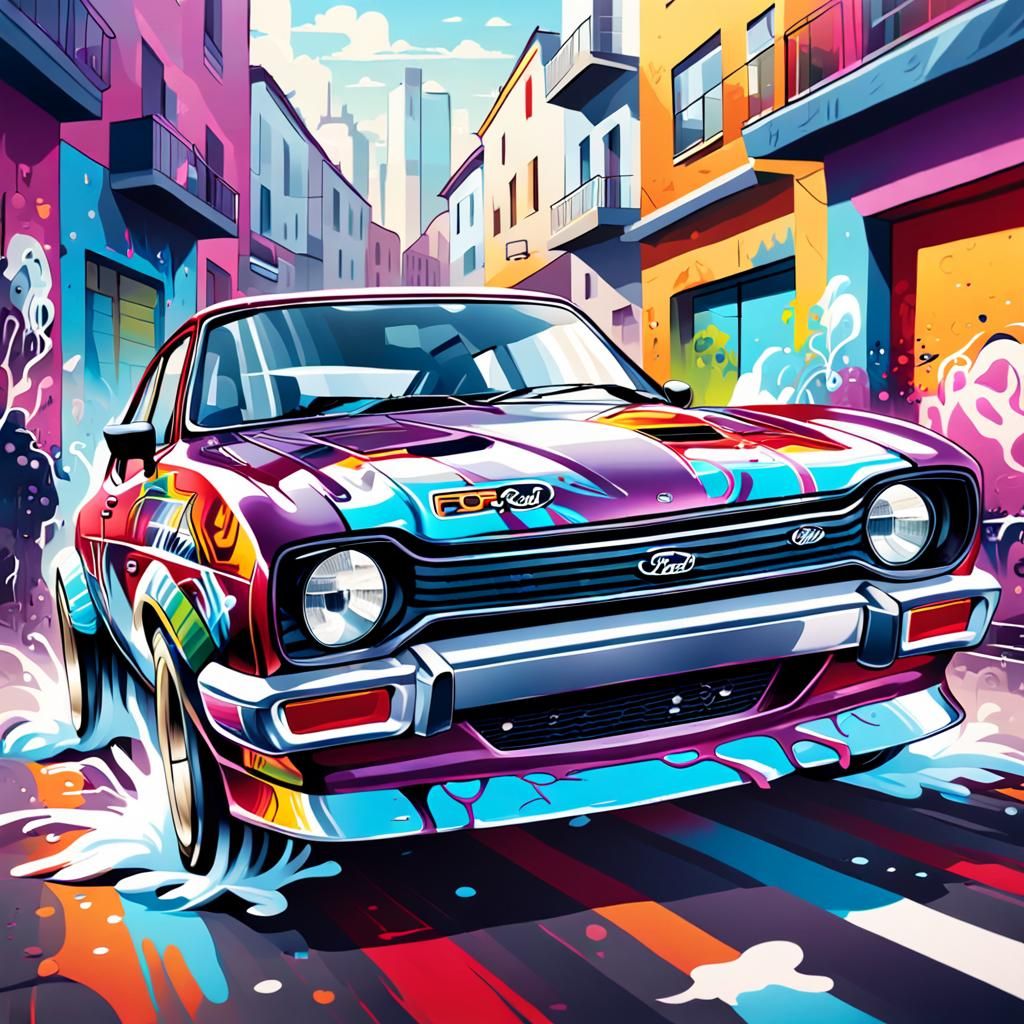 Ford Capri Racing Car in Graffiti Street Art Style