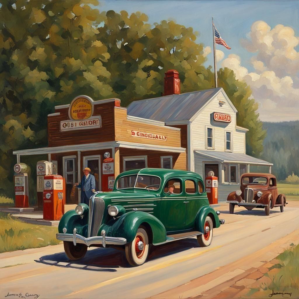 1936 Pontiac on a Rural Road, Oil Painting