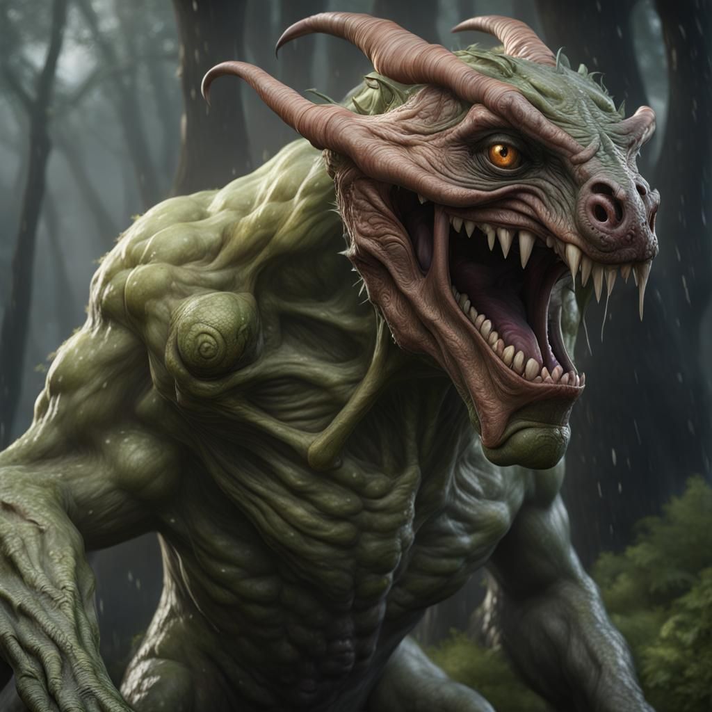 Hyperrealistic Monster Creature in Rain and Fog