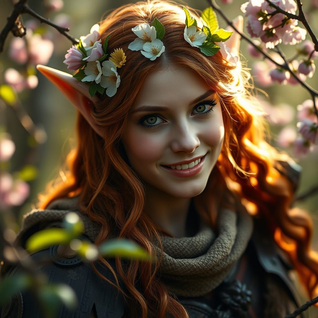 Ethereal Elven Druid in Woodland Armor with Spring Blooms
