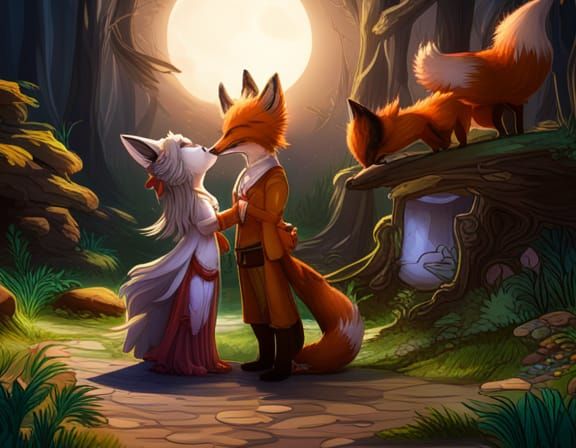 Chibi Foxes Kissing in Moonlight: Detailed Matte Painting