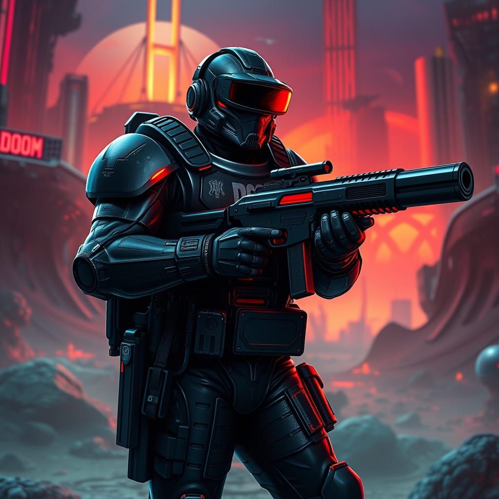 Futuristic Warrior in Dystopian VR Landscape