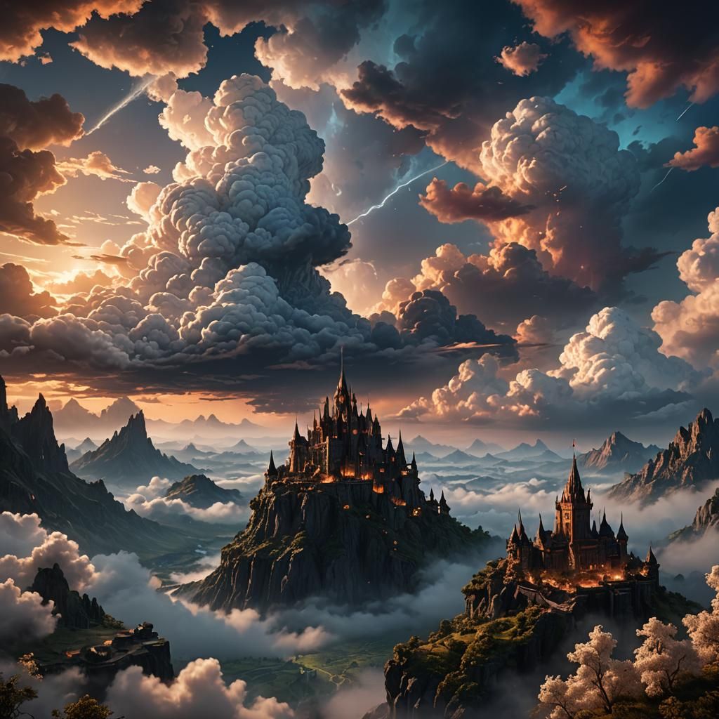 Fantastical City Hidden in Clouds, Detailed Matte Painting
