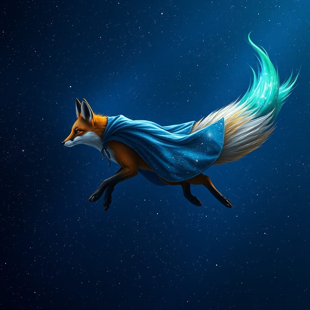 Fantastic Fox Painting in Starry Sky with Paintbrush Tail