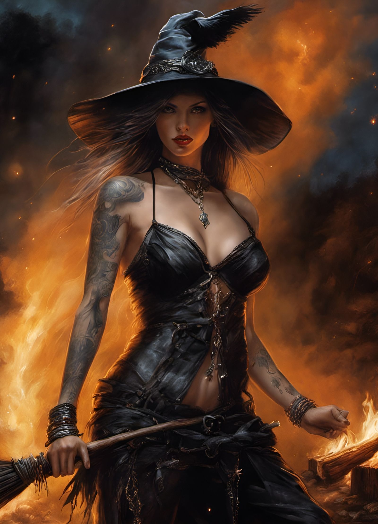 Tattooed Witch Dancing by Bonfire, Dark Fantasy Art