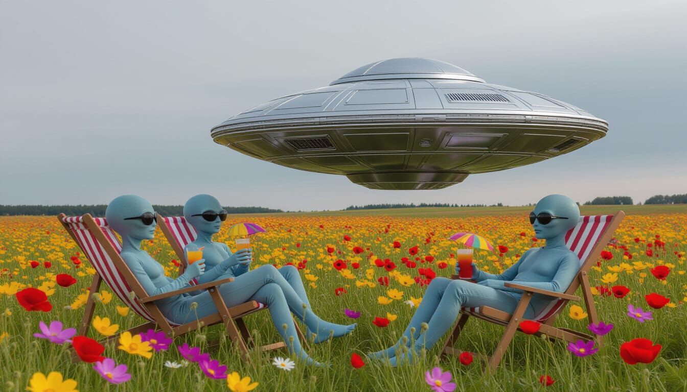 Aliens Land Saucer for Picnic in Flower Field