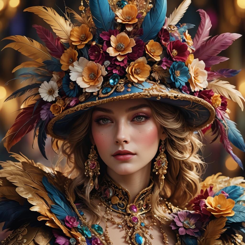 Luxurious Baroque Hat with Feathers and Gemstones