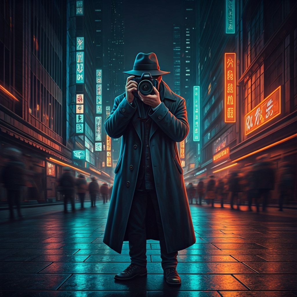 Street Photographer in Neon Cityscape, Cyberpunk Style