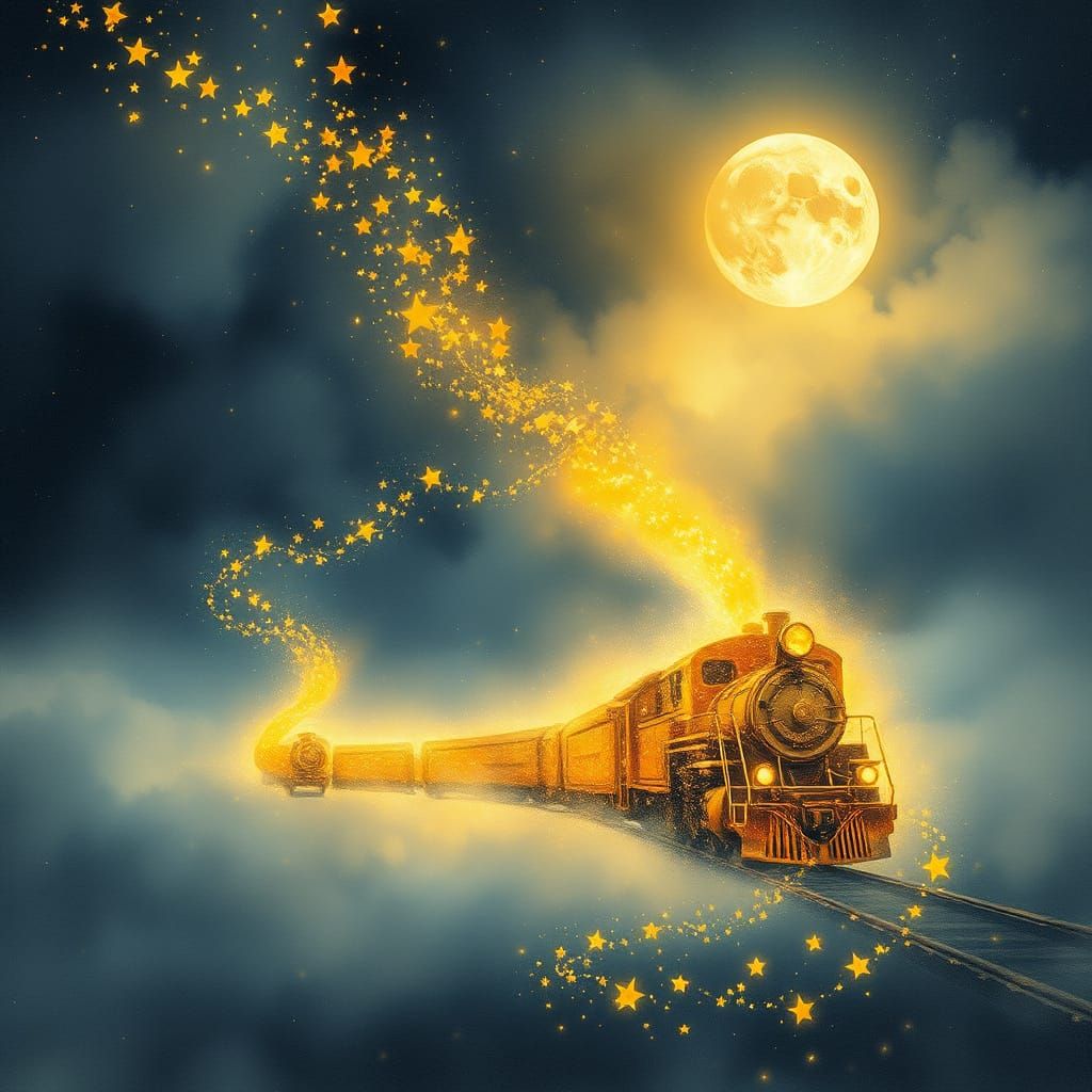 Golden Electric Train in Ethereal Watercolor Style