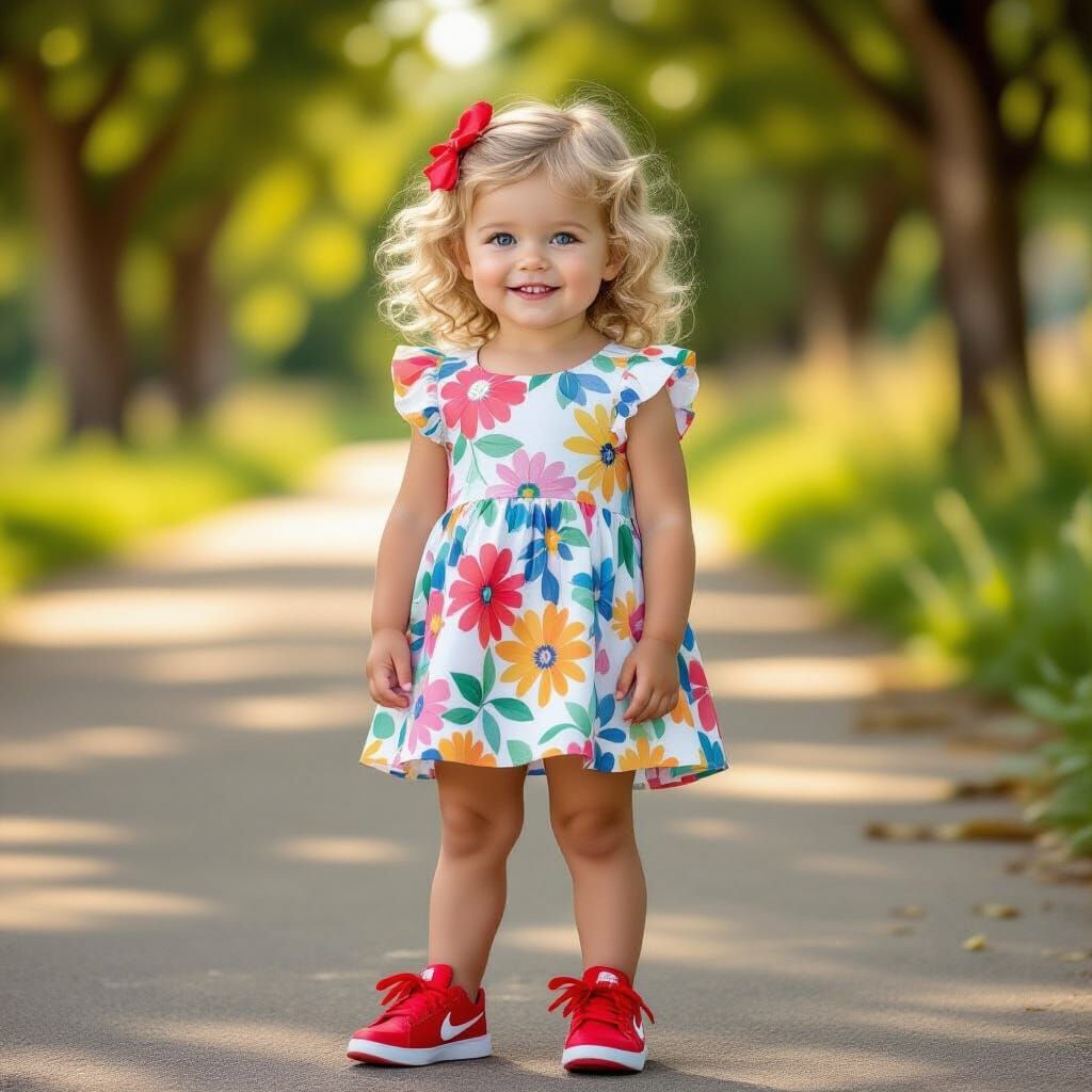 Smiling Girl in Summer Dress and Nike Sneakers