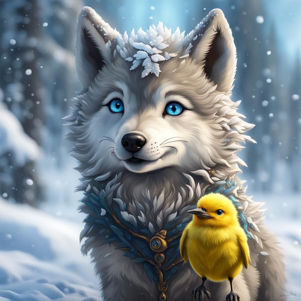 Wolf Cub and Bird in Snowy Landscape