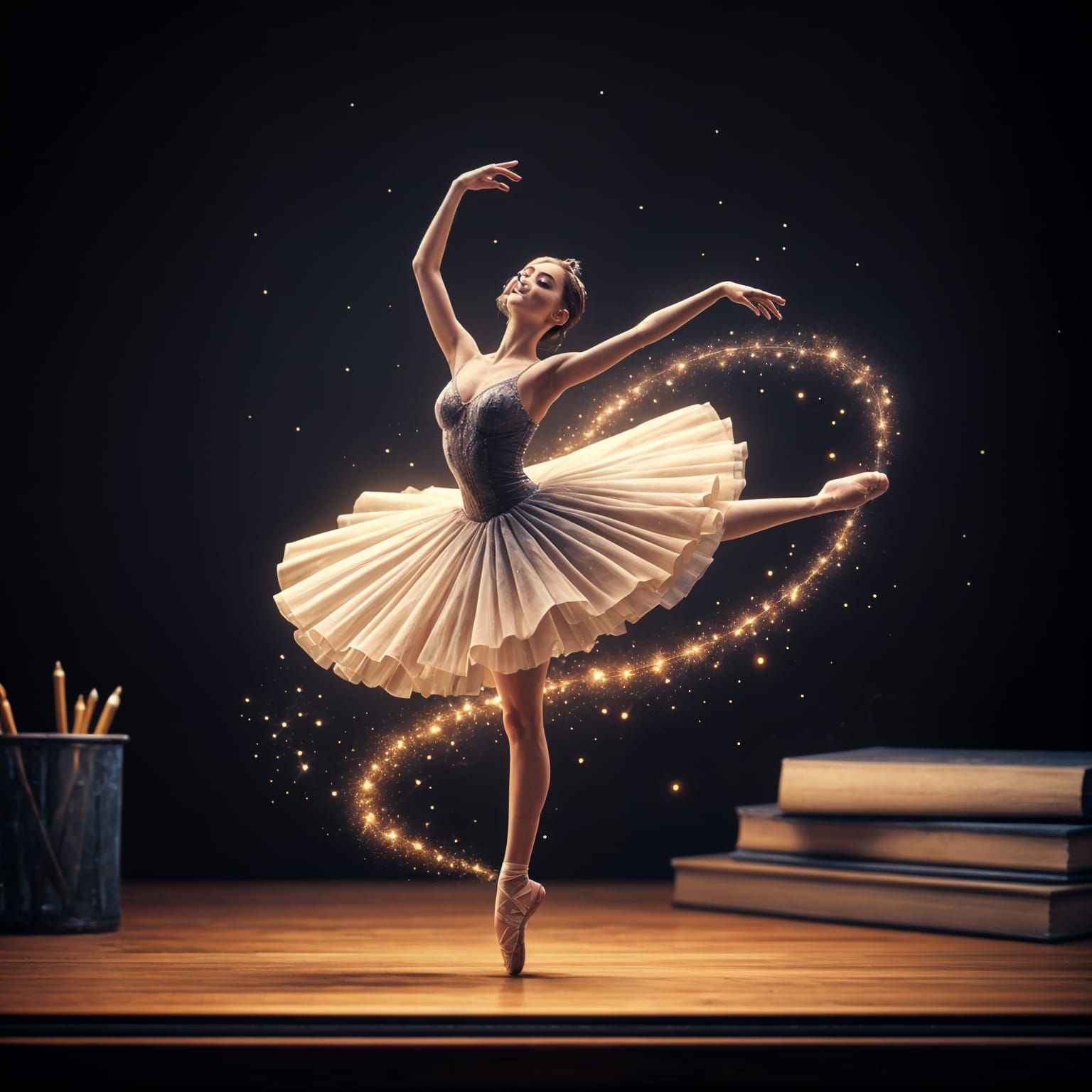 Ethereal Ballet Dancer on a Wooden Desk