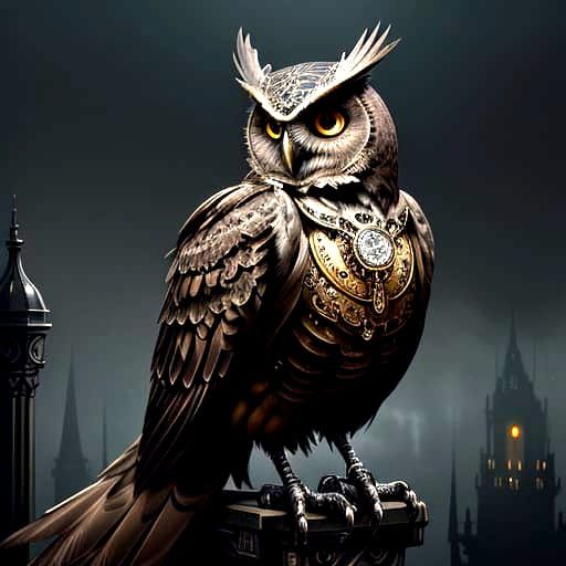 Steampunk Mechanical Owl on Gargoyle in Foggy City