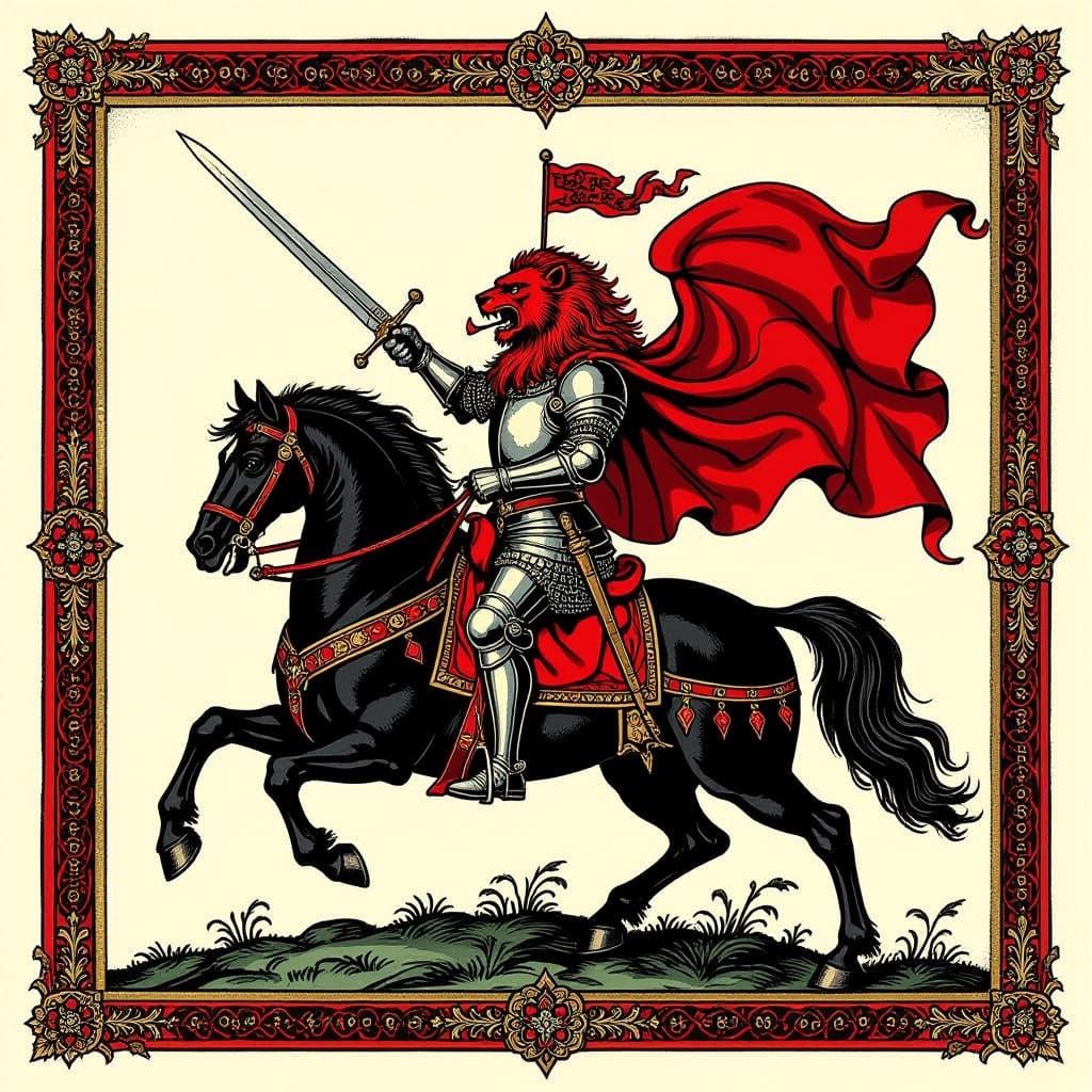 Heraldic Banner: Red Lion with Sword on Horse