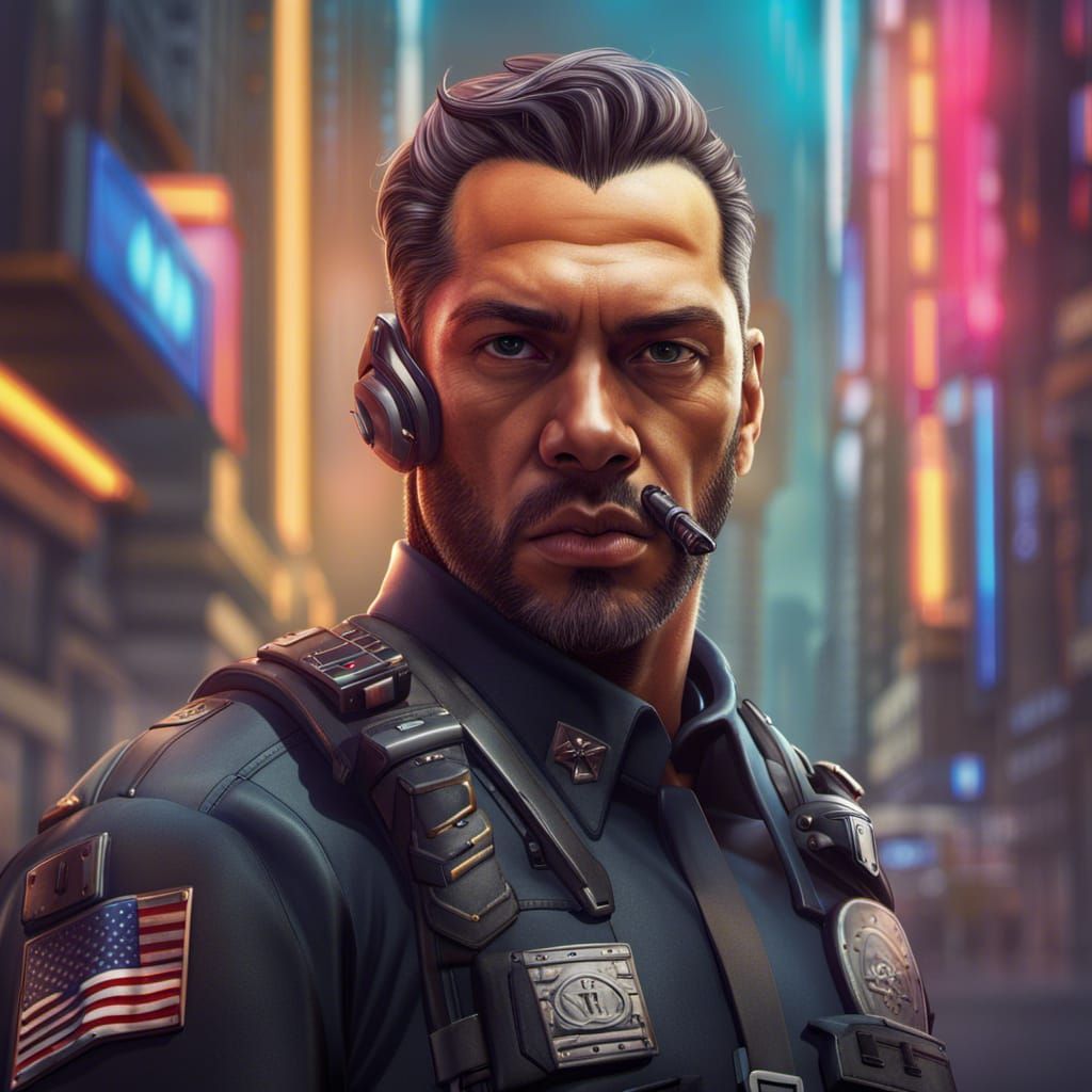Sci-Fi Security Guard in Hyperrealistic Splash Art
