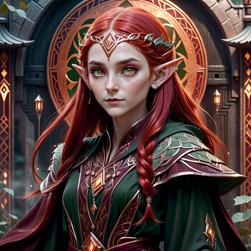 Elven Mage Portrait with Art Deco Embroidery