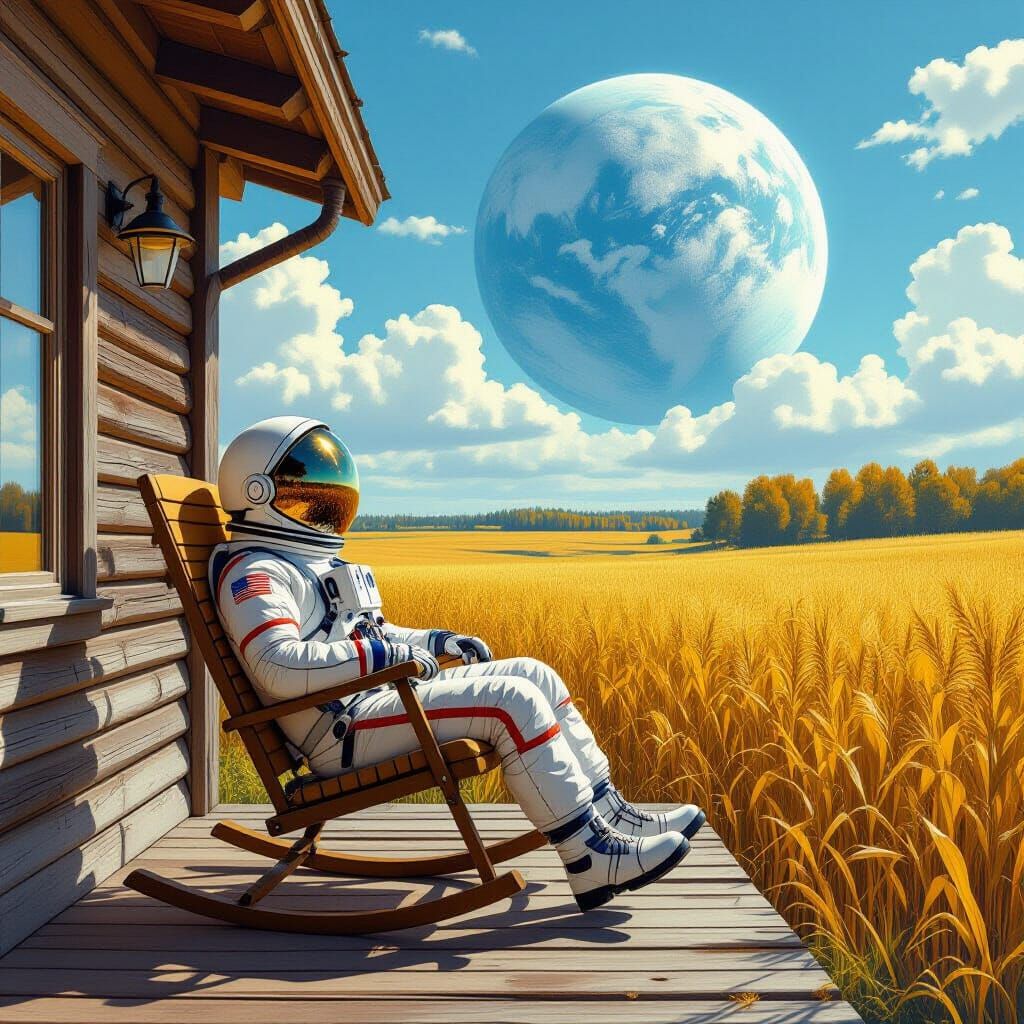 Astronaut on Farmhouse Porch with Earth View