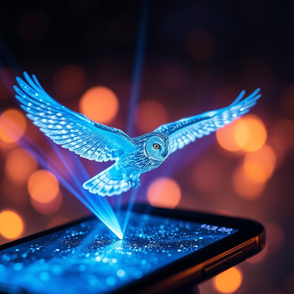 Cosmic Owl Hologram in Impressionistic Style
